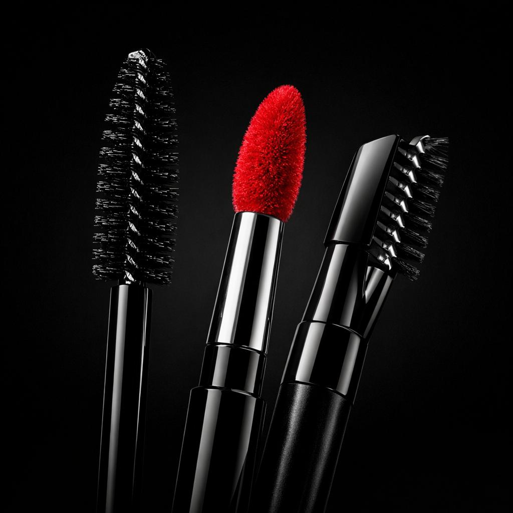 Siyah zeminde maskara fırçası, kırmızı lipgloss aplikatörü ve kaş şekillendirici fırça